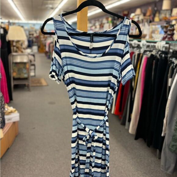 Chic Striped Blue and White Midi Dress - Picture 1 of 8
